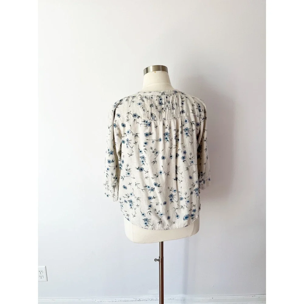 Vermont‎ Country Store Blouse Beige Blue Floral Linen Blend Pleated Plus 1X - Picture 4 of 6